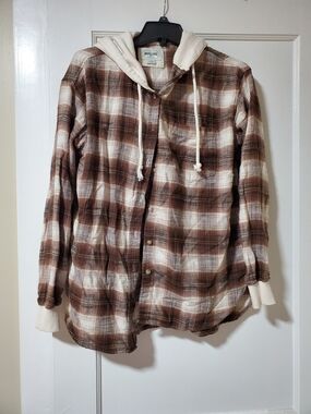 American Eagle Brown & Cream Plaid Hooded Shirt